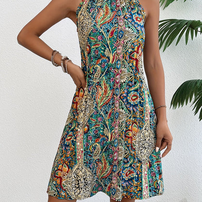 Vibrant Geometric Print Tunic Dress - Elegant Halter Neck, Sleeveless, Polyester, Machine Washable, Perfect for Summer - Womens Clothing